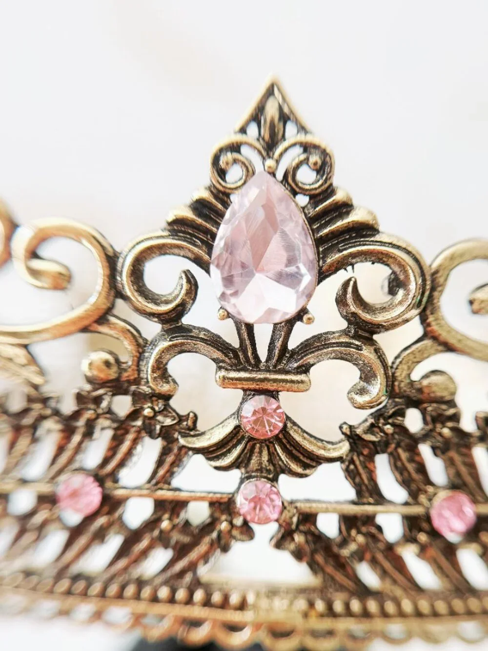 Vintage Style Gold Lion Crown with Pink Crystals, Royal King Queen Headpiece